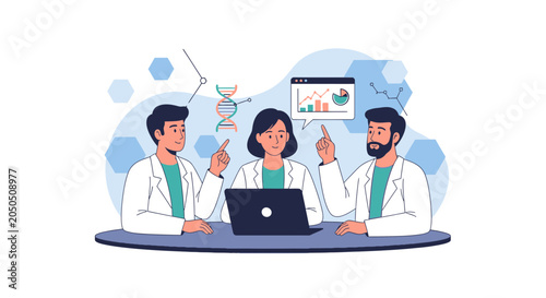 Scientists Discussing DNA Research and Data Analysis in a Modern Lab Setting
