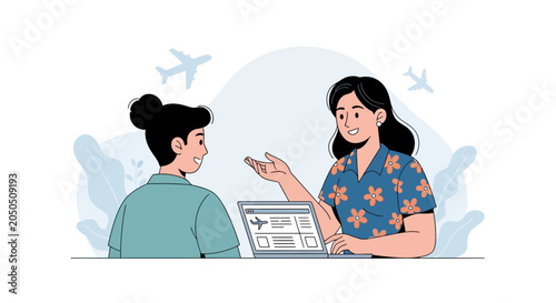 Travel Agent Discussing Vacation Plans with Client, Showing Flight Options on Laptop