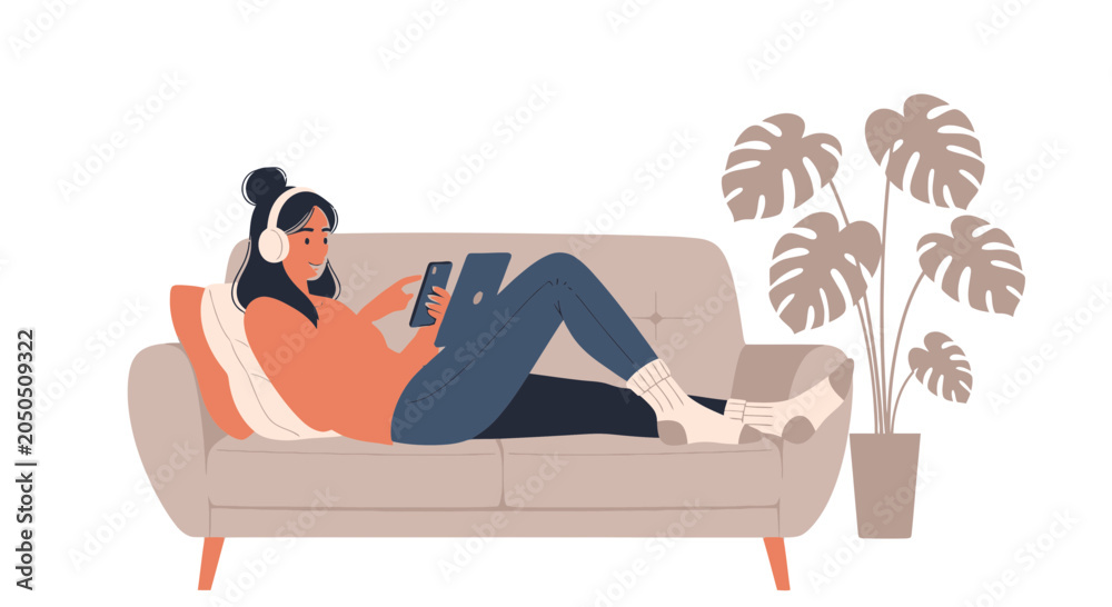 Fototapeta premium Woman relaxing on sofa with tablet and smartphone, listening to music with headphones, modern flat illustration.