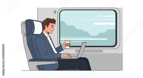 Man Working on Laptop and Drinking Coffee While Traveling by Train