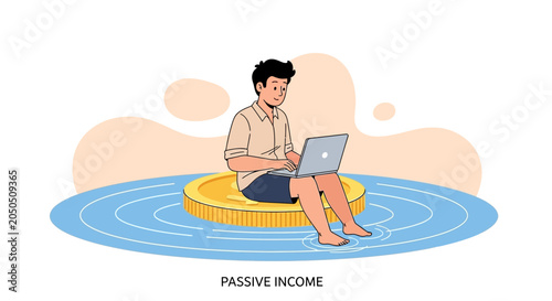 Man working on laptop floating on a coin in water, concept of passive income and remote work