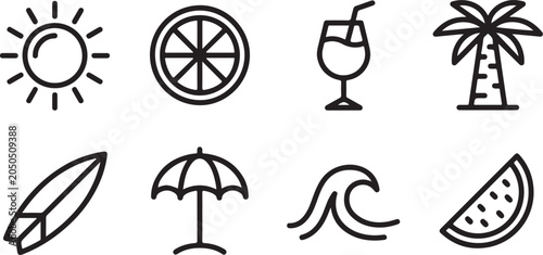 Obraz na plátně set of Set of eight cheerful beach and summer icons in black and white vector st