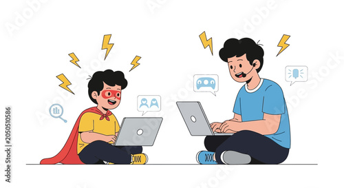 Superhero Kid and Teenager with Laptops, Illustrating Online Learning, Gaming, and Communication