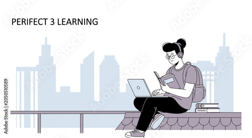 Student Studying Outdoors with Laptop and Books, Urban Skyline Background. Modern Education Concept.