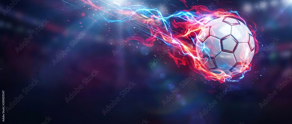 Fototapeta premium Soccer ball with red fire and blue plasma energy in motion