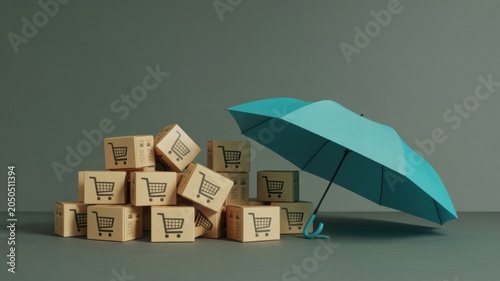 Shipping insurance concept with blue umbrella protecting cardboard packages on grey background