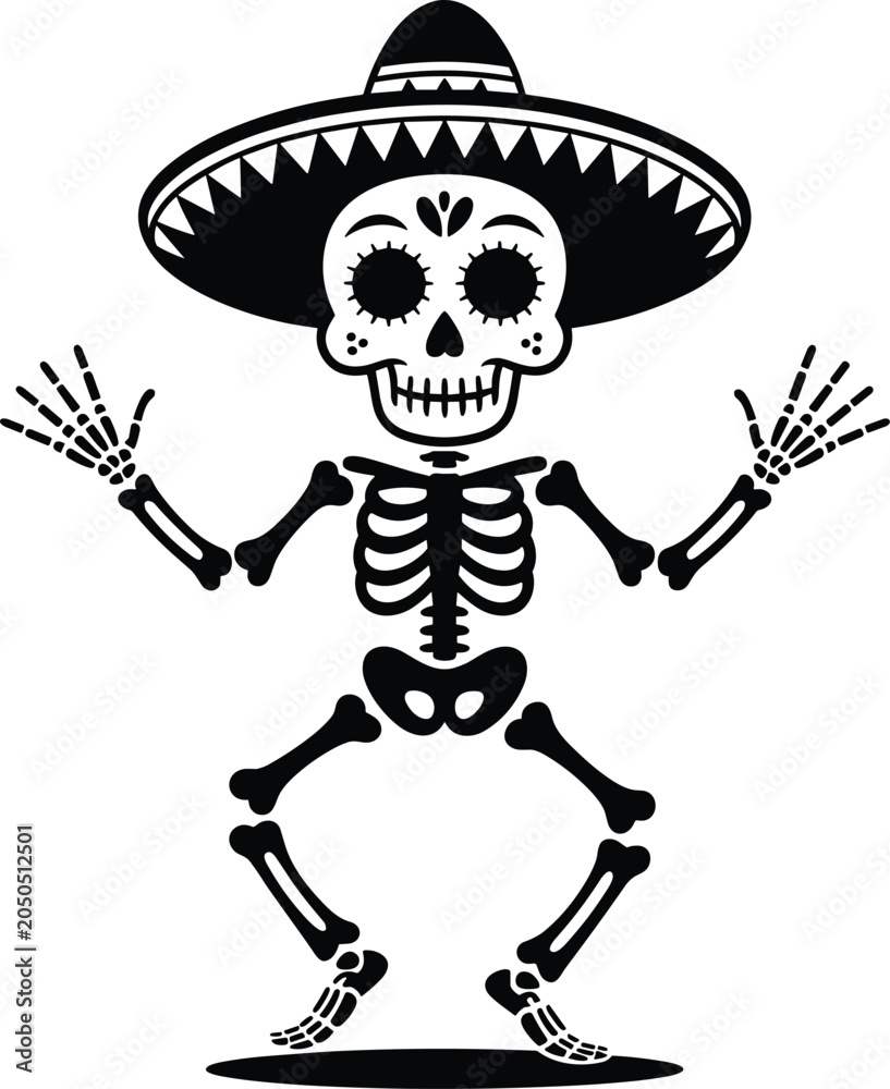 Fototapeta premium Dancing skeleton wearing sombrero for Dia de los Muertos