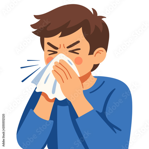 Cute Boy Sneezing into Tissue, Child Cold Allergy Symptoms Illustration, Sick Kid Cartoon Character, Health and Hygiene Concept