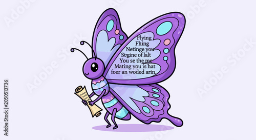 Quadro su tela Cartoon butterfly with a scroll bearing humorous, nonsensical text