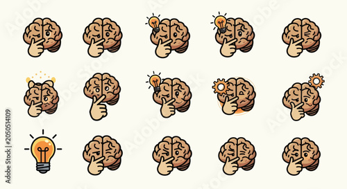 A cartoon array of thinking brains, some with lightbulbs or gears