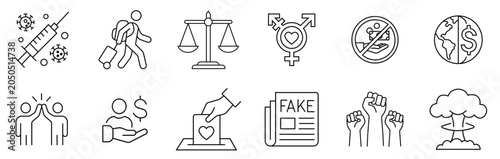 Schilderij op canvas Social issues thin line vector illustration set, syringe and coronavirus, migrant with luggage, scales of justice, lgbtq symbol, no plastic bags