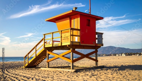 An elevated wooden structure, painted vibrant orange, stands on a sandy beach under a clear, blue sky, overlooking ocean