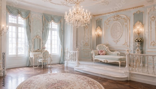 Elegant Rococo Drawing Room with Crystal Chandelier and Pastel Blue Luxury Decor
