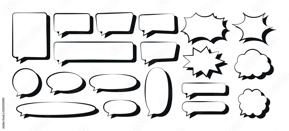 Obraz premium Set of comic speech bubbles with shadow, cloud, explosion shapes, different sizes, vector