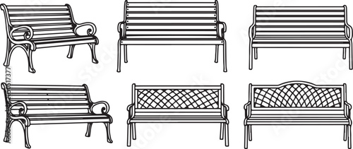 Fotografie set of Six different styles of park benches with armrests illustration