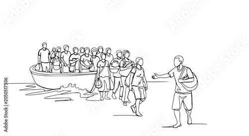 Photos Group of people disembarking from a boat, one person helps them ashore