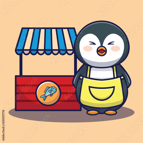 adorable penguin selling fish animal street food stand cartoon vector illustration