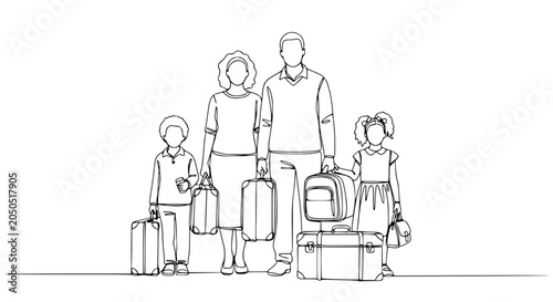 Φωτογραφία Family Vacation Travel Line Art: Parents and Kids with Luggage, Ready for Advent
