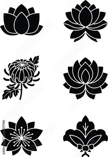 Elegant black lotus and chrysanthemum flower icons