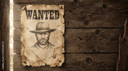 Vintage wanted poster with a sketch of a man in a hat on wooden wall