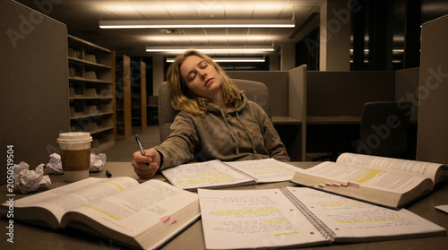 Exhausted student sleeping at her desk in a library late at night