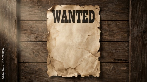 Torn wanted poster on wooden background vintage style notice