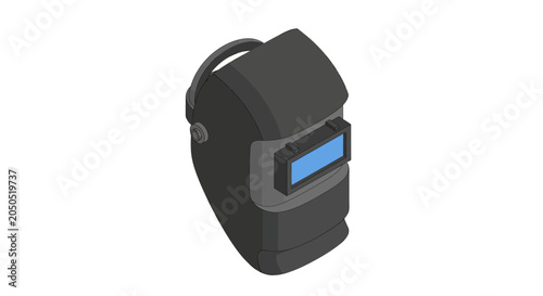 Black protective welding helmet with clear blue lens.