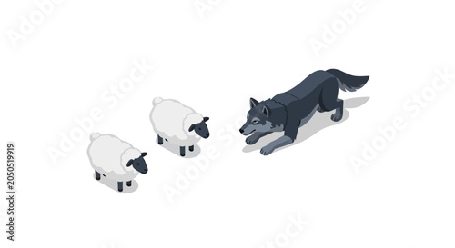 Playful dog herding small black and white sheep toys.