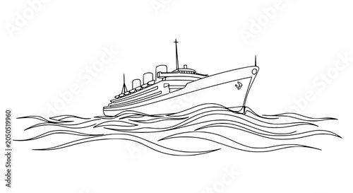 Obraz na plátně Elegant Ocean Liner Sailing on Wavy Sea, Line Art Illustration