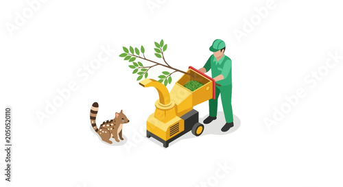 Worker using wood chipper with wildlife nearby illustration.
