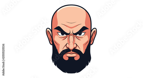 Portrait illustration of a bald man with a thick black beard and an intense focused facial expression representing strength and character.