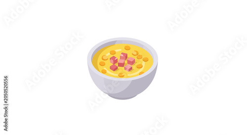 Creamy yellow soup with colorful toppings in white bowl.
