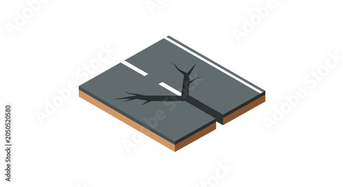 Cracked asphalt surface with tree root damage illustration.