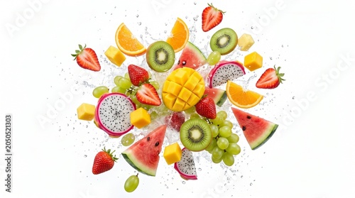 Vibrant colorful fruit cubes and slices are suspended in the air.