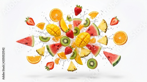 Vibrant colorful fruits explode in mid-air creating a stunning fruit salad