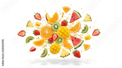 Fresh fruit slices explode in mid-air with strawberries oranges kiwis pineapples watermelon and blueberries