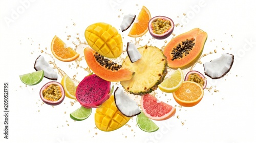 Fresh fruit slices and wedges fly dramatically through air with vibrant colors and textures on display