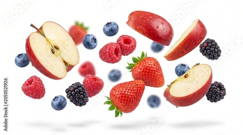 Fresh fruit flies through air with apples, strawberries, blueberries, raspberries, and blackberries floating freely.