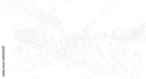 Fotografi Cruise ship boarding, people with luggage on gangway, harbor scene, sketch style