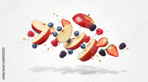 Fresh fruit slices and berries fly through air dramatically