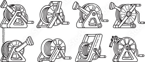 Foto set of Various types of winches and cable reels in technical line art style