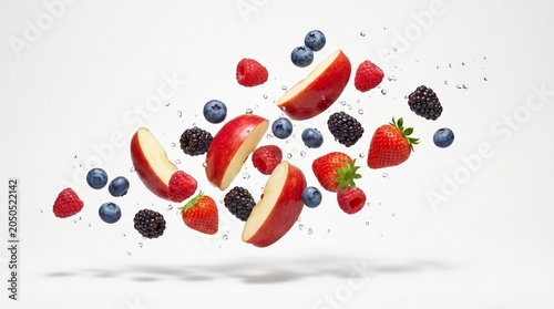 Fresh fruit pieces are falling from above in mid-air with watermelon