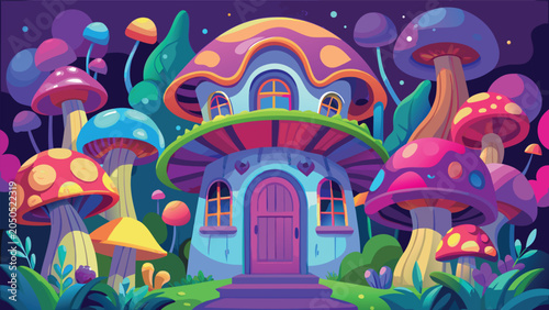 Whimsical mushroom house nestled in a vibrant psychedelic forest at twilight with glowing flora