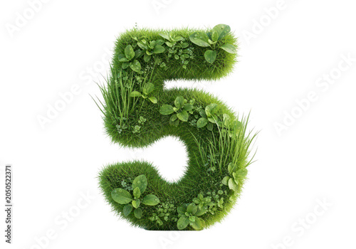 Green leaf number five in 3d style isolated on transparent background