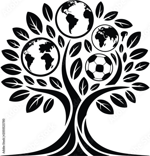 tree with globe and soccer ball vector