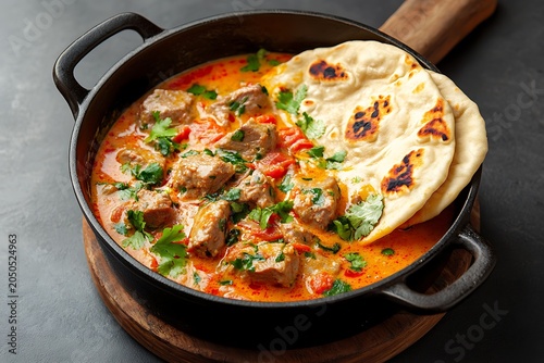 Traditional Indian Beef Curry with Spicy Tomato Sauce Fresh Cilantro and Warm Flatbread Served in a Black Pot