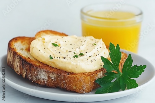 Toasted bread slice with butter, fresh green parsley, and a glass of orange juice on white plate and background