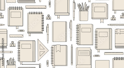 Minimal Monoline Books and Stationery Seamless Vector Pattern Illustration