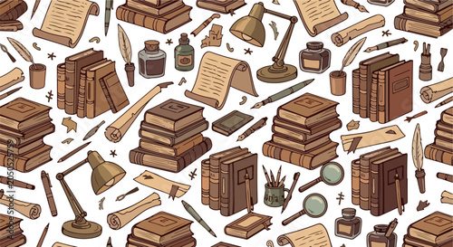 Vintage Library Doodle Seamless Vector Pattern Background Design Illustration
