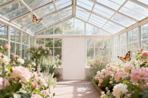 Butterflies Flutter in a Sunlit Greenhouse with Pink Roses